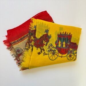 Equestrian Scarf Red & Yellow Rectangular Art to Wear Wool Blend One Size